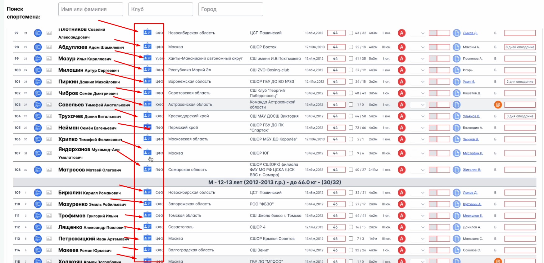 Как организатору многодневного турнира изменить данные подавших заявки спортсменов?